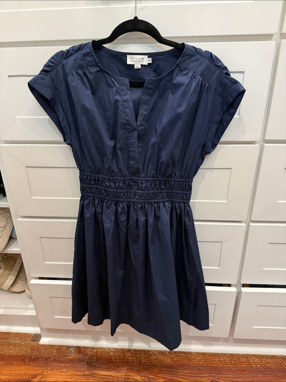 Molly Bracken Navy Cap-Sleeve Smocked-Waist Mini Dress